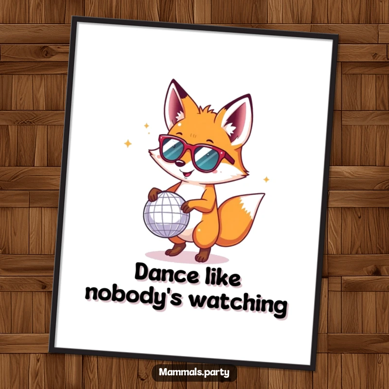 Funny fox in tiny sunglasses, dancing ecstatically with a disco ball, creating a dynamic and humorous wall art.