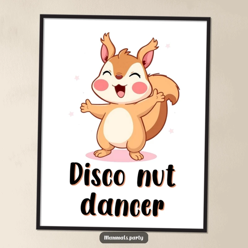 Funny Squirrel Poster: A happy squirrel dances with abandon under dazzling disco lights, creating a lively and visually energetic scene.