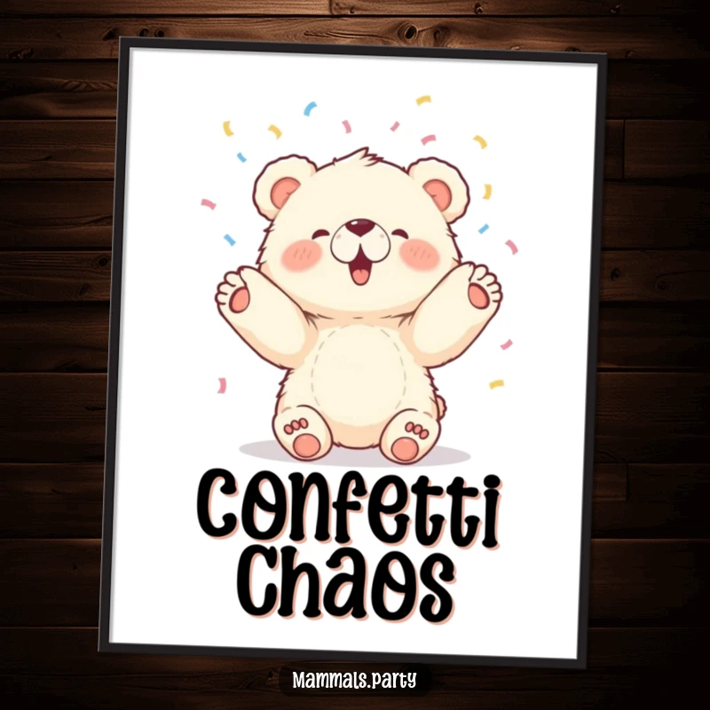 Funny poster featuring a fluffy bear cub joyfully tossing a colorful cascade of confetti upwards with both paws, celebrating.