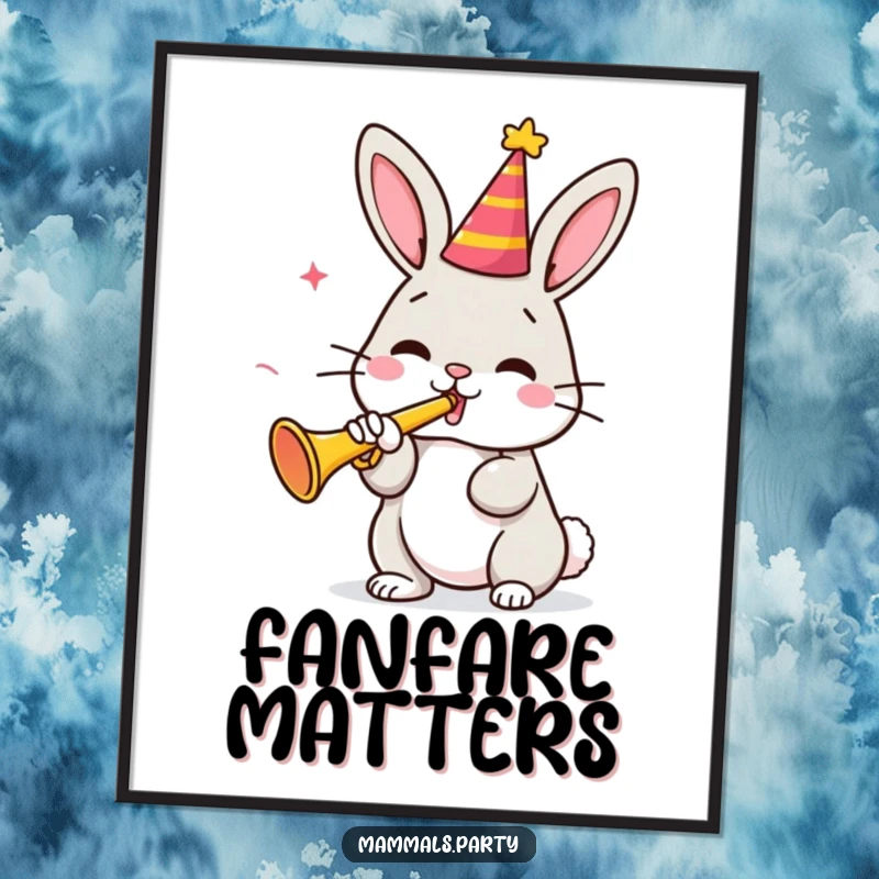 Funny bunny character wearing a party hat, holding a small trumpet and playing it joyfully on a decorative poster, offering vibrant humor.
