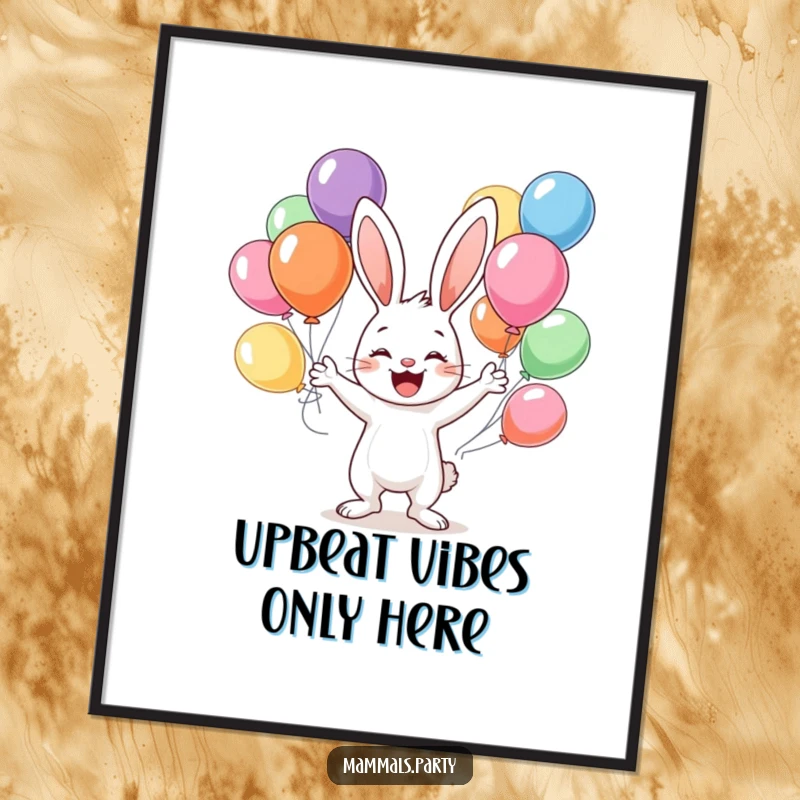 Funny poster illustrating a happy bunny character juggling a vibrant collection of colorful balloons, creating a cheerful display.