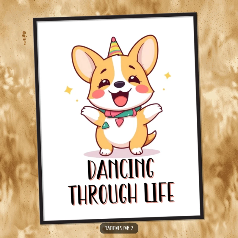 Funny giggling corgi poster, wearing a party collar and doing a silly dance, bringing vibrant energy and humor to the room.