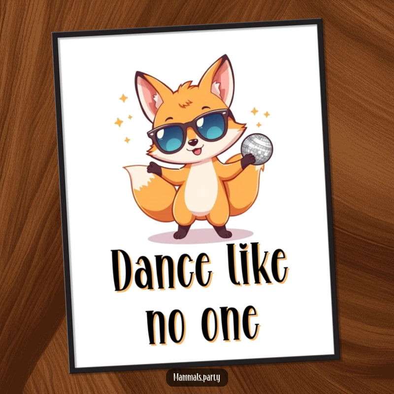 Funny poster showcasing a fox in sunglasses dancing energetically with a disco ball, creating a vibrant and hilarious party atmosphere.