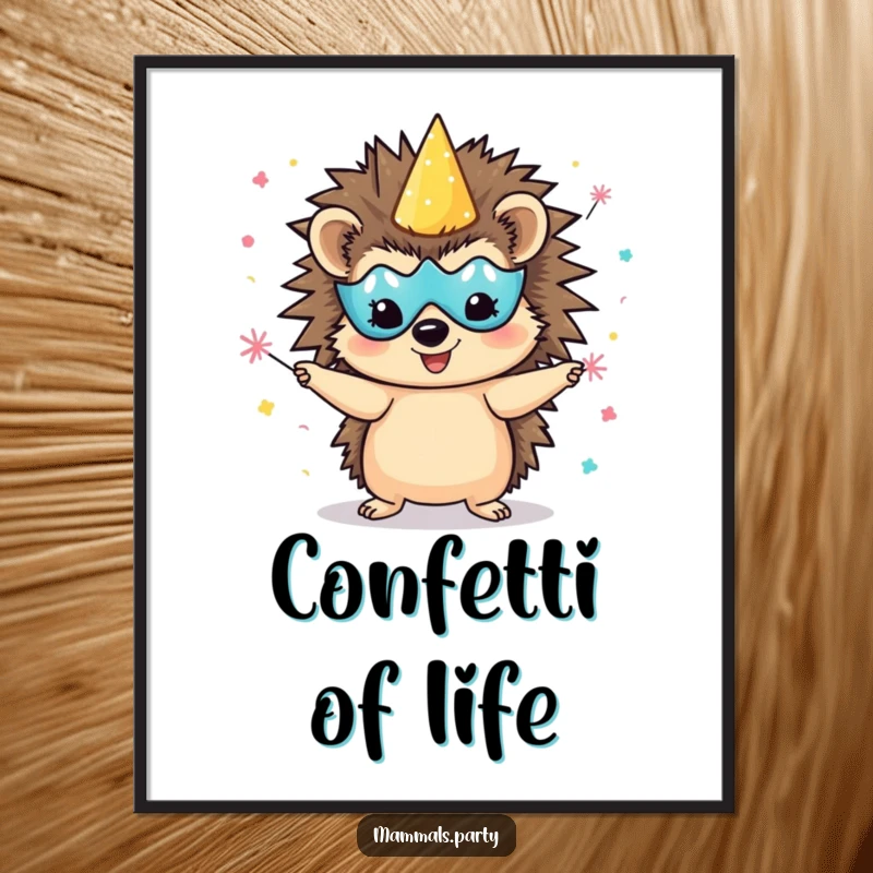 Funny delighted hedgehog poster, wearing a party mask and juggling confetti poppers, bringing festive humor to any room.