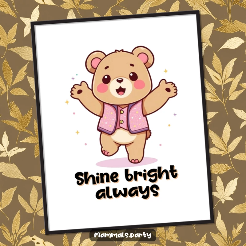 Funny kawaii bear in a sparkly vest dancing with abandon, displayed as a vibrant poster for humorous celebration.