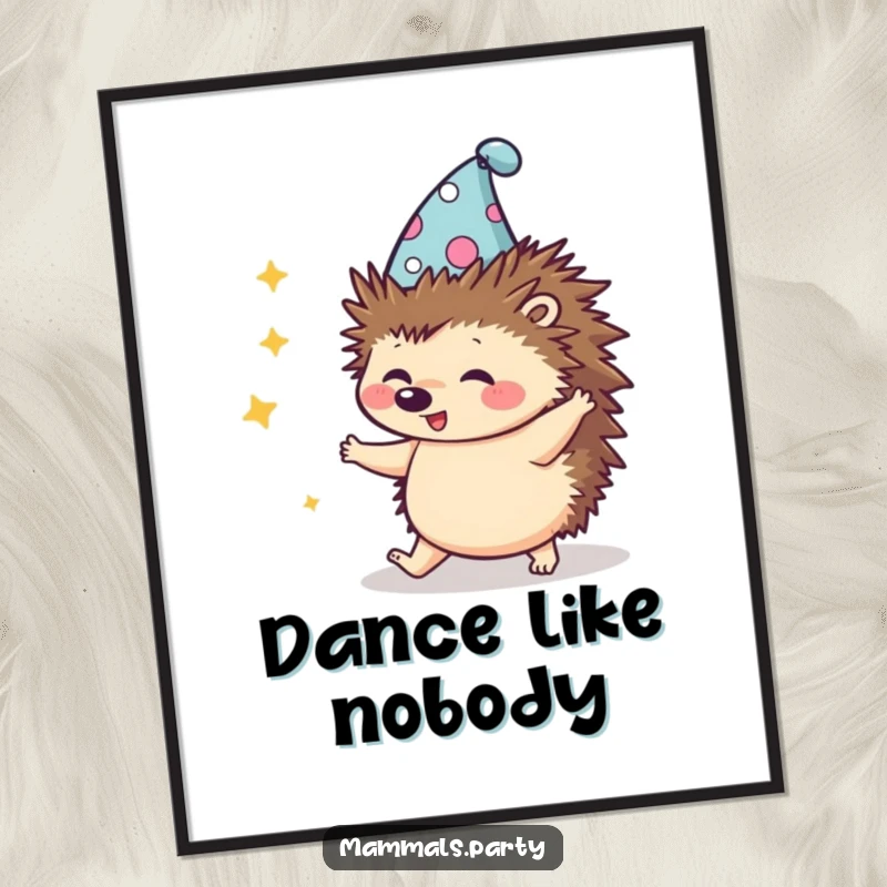 Funny Kawaii Hedgehog in a silly hat, mid-clumsy dance, a whimsical poster adding humor and charm to any wall.
