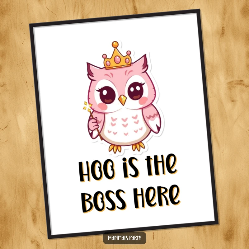 Funny poster of a kawaii owl wearing a tiny crown and holding a sparkling wand, creating a whimsical and enchanting visual.