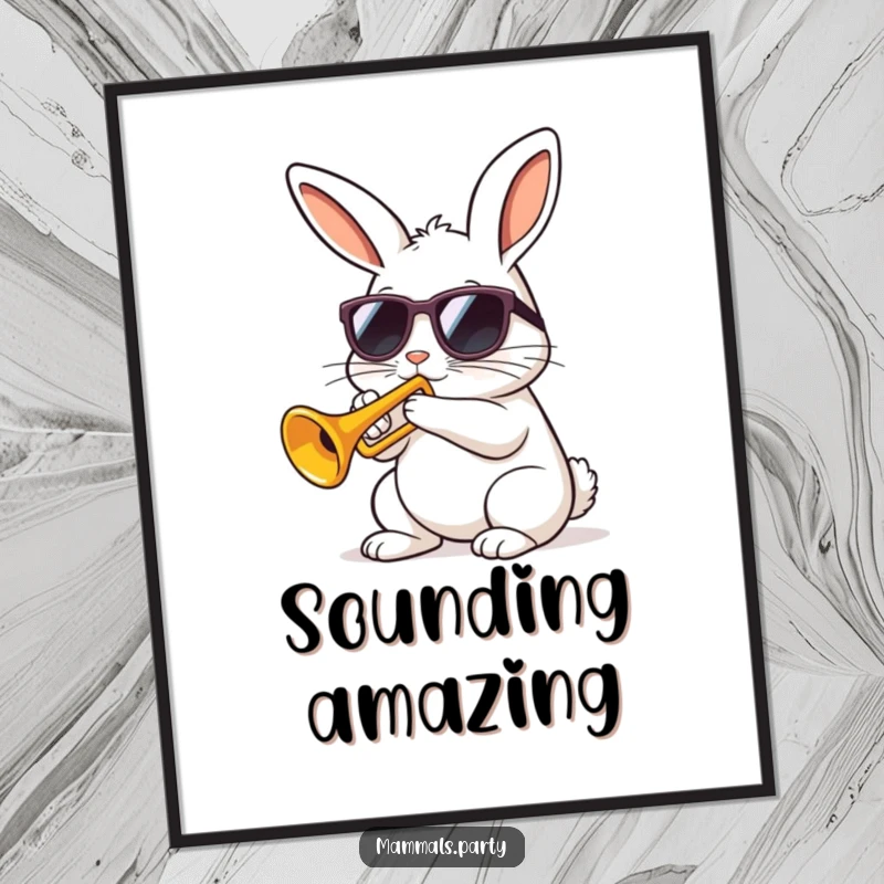 Funny kawaii rabbit wearing sunglasses playing a tiny trumpet with gusto, displayed as a vibrant poster for humorous art.