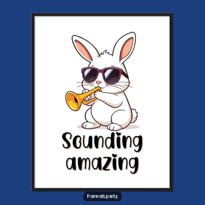 Funny Kawaii Rabbit Trumpet Poster, Vibrant and Hilarious Jazz Art Print