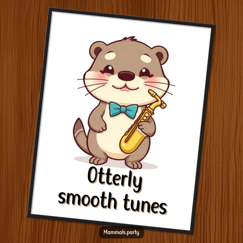 Funny Otter Poster showing a charming otter in a bowtie playing a miniature saxophone, perfect wall art.