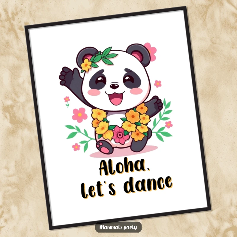 Funny Panda Poster: A kawaii panda in a festive lei joyfully sways to music, bringing a vibrant tropical energy.