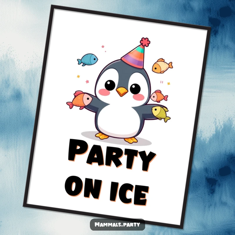 Funny penguin character in a party hat juggling colorful fish, as a humorous poster for vibrant wall art.