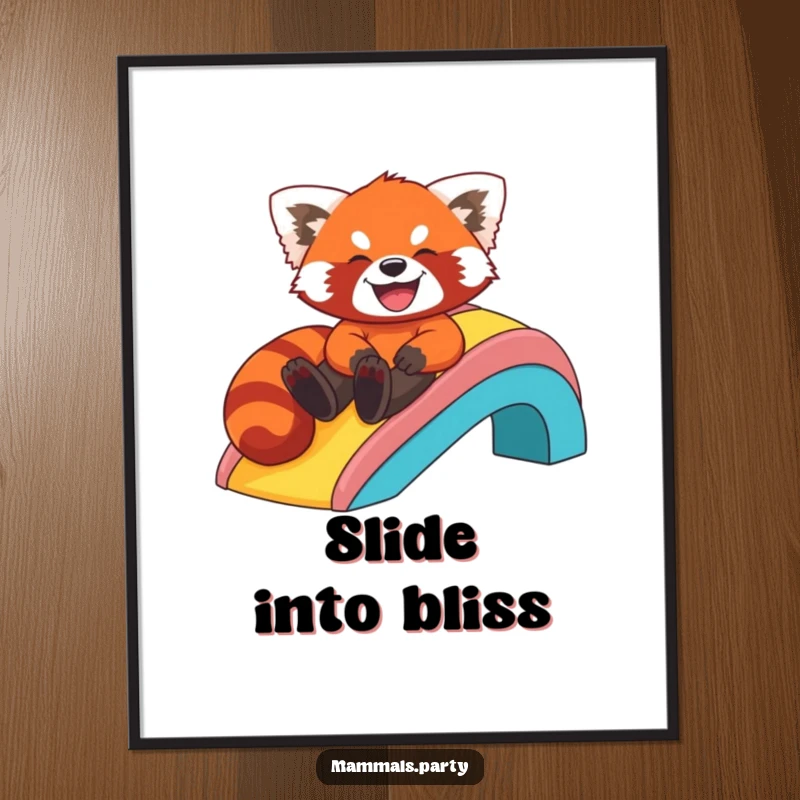 Funny poster featuring a delighted red panda sliding down a colorful rainbow, capturing a moment of pure, unbridled joy.