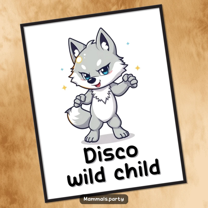 Funny wolf poster depicting a determined character disco dancing with a shiny ball, creating a vibrant, humorous atmosphere.