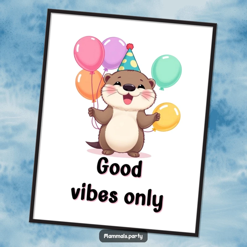 Funny Otter Poster: A fluffy otter in a party hat joyfully juggles colorful balloons, creating a festive and happy wall art.