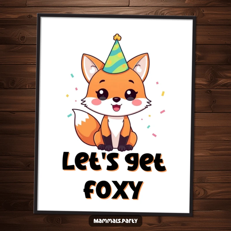 Funny poster art of a happy fox wearing a party hat and showered in colorful confetti, embodying pure celebration.