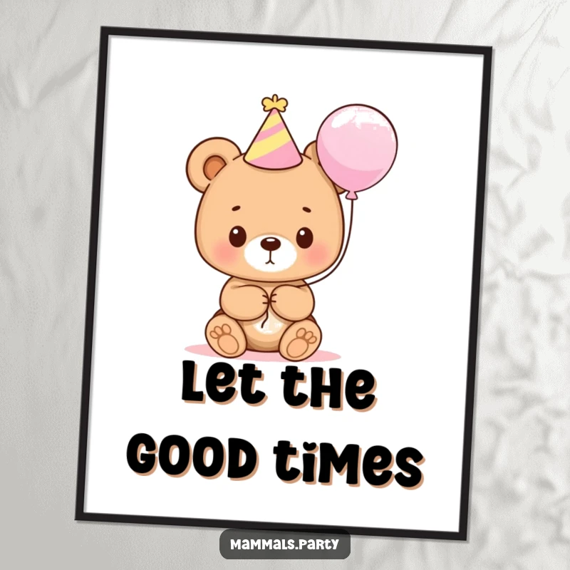 Funny bear cub in a party hat holding a balloon, depicted as a joyful and festive wall art piece.