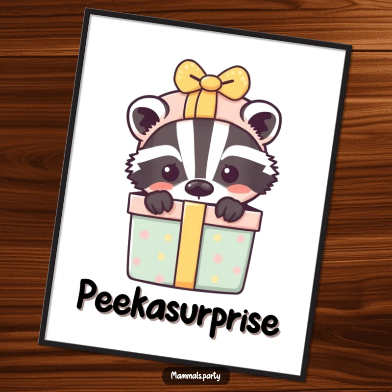 Funny poster featuring a playful badger emerging from a heap of gifts, embodying curiosity and joy.