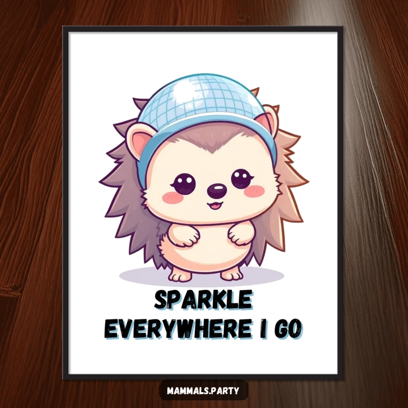Funny Hedgehog Poster: A kawaii hedgehog gleefully wears a tiny disco ball helmet, radiating fun and good vibes.