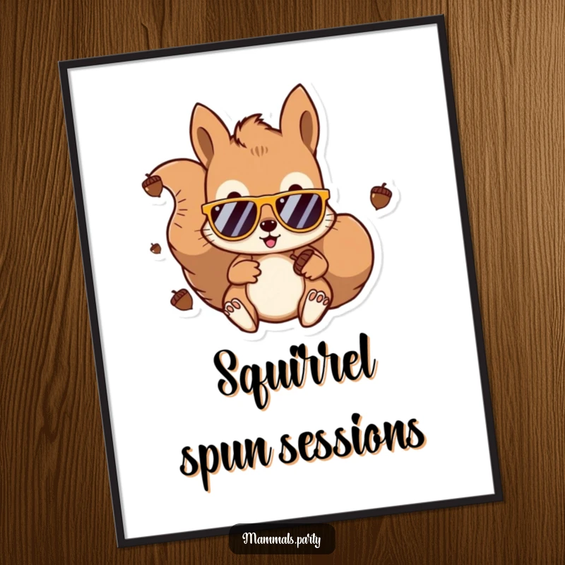 Funny Kawaii Squirrel DJ Poster showcasing a squirrel in sunglasses and headphones, mixing acorns. Humorous wall art, perfect as a funny gift.