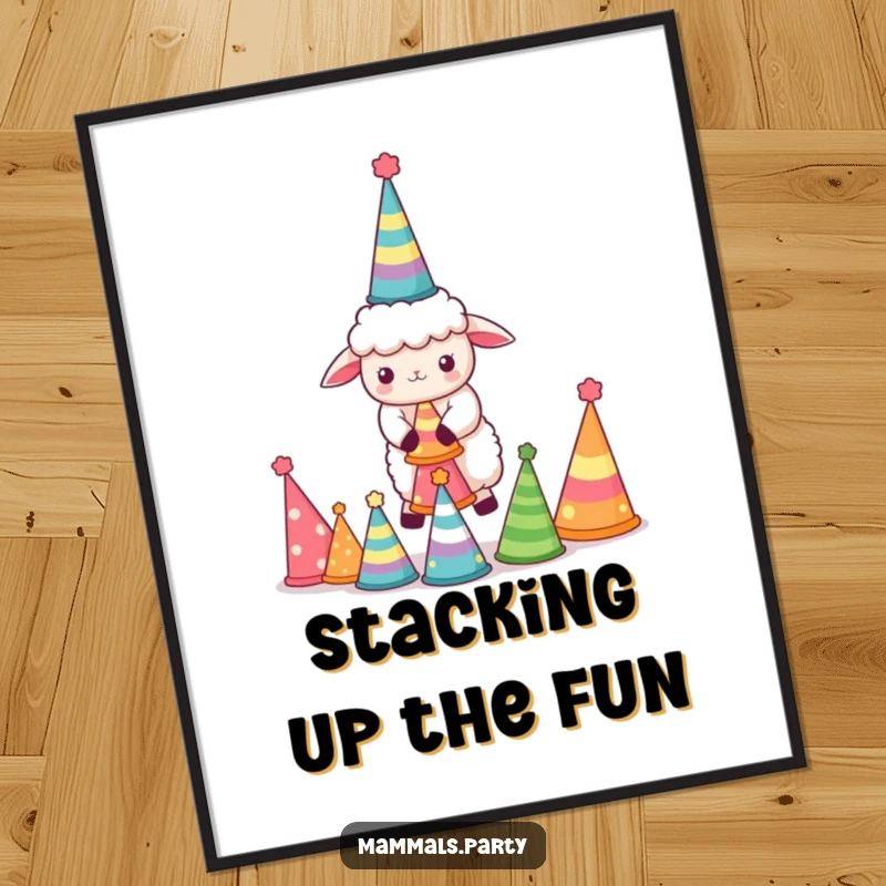 Funny Sheep Poster: Whimsical kawaii sheep precariously balancing a tower of party hats, radiating funny, celebratory energy.