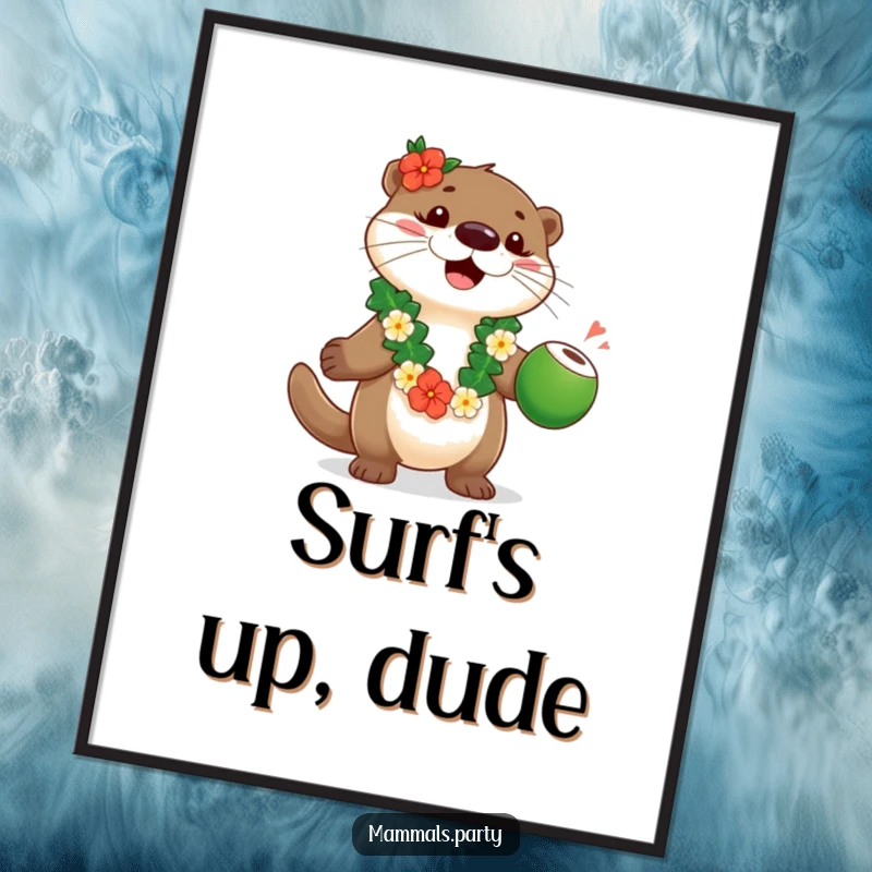 Funny playful otter in a lei, juggling coconuts, depicted as vibrant and humorous tropical wall art.