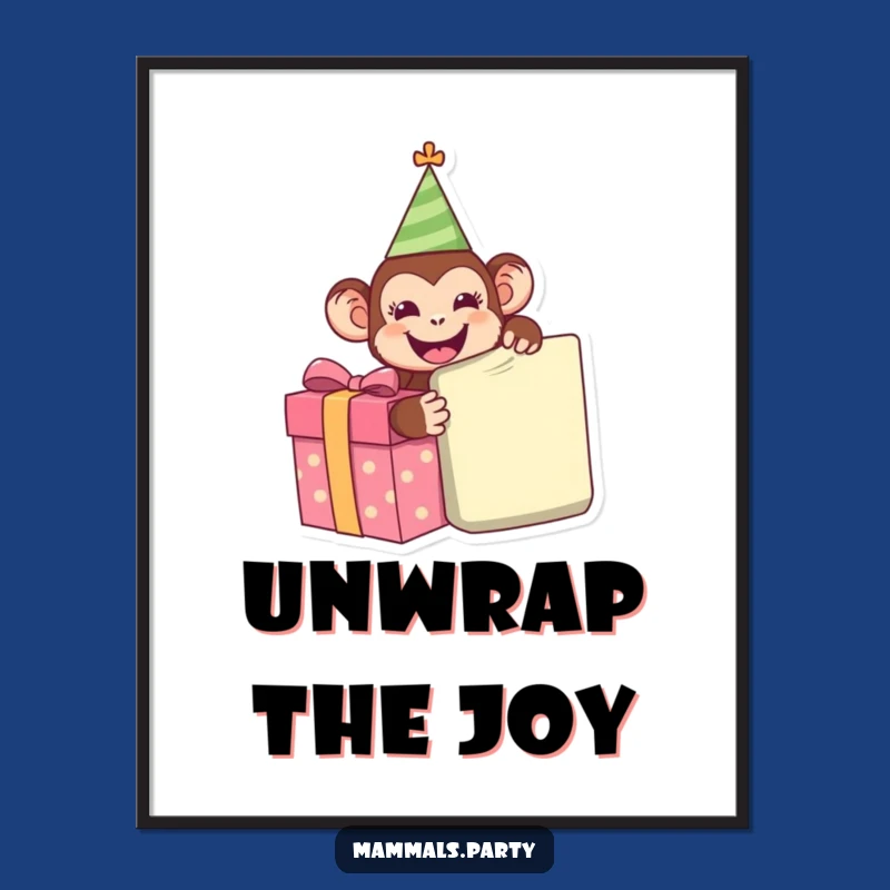 Funny Monkey Poster - Happy Unwrapping Present Art, Hilarious Party Decor