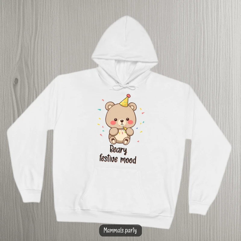 Funny bear hoodie featuring a cute character wearing a tiny party hat and blowing a confetti popper, designed for comfort and humor.
