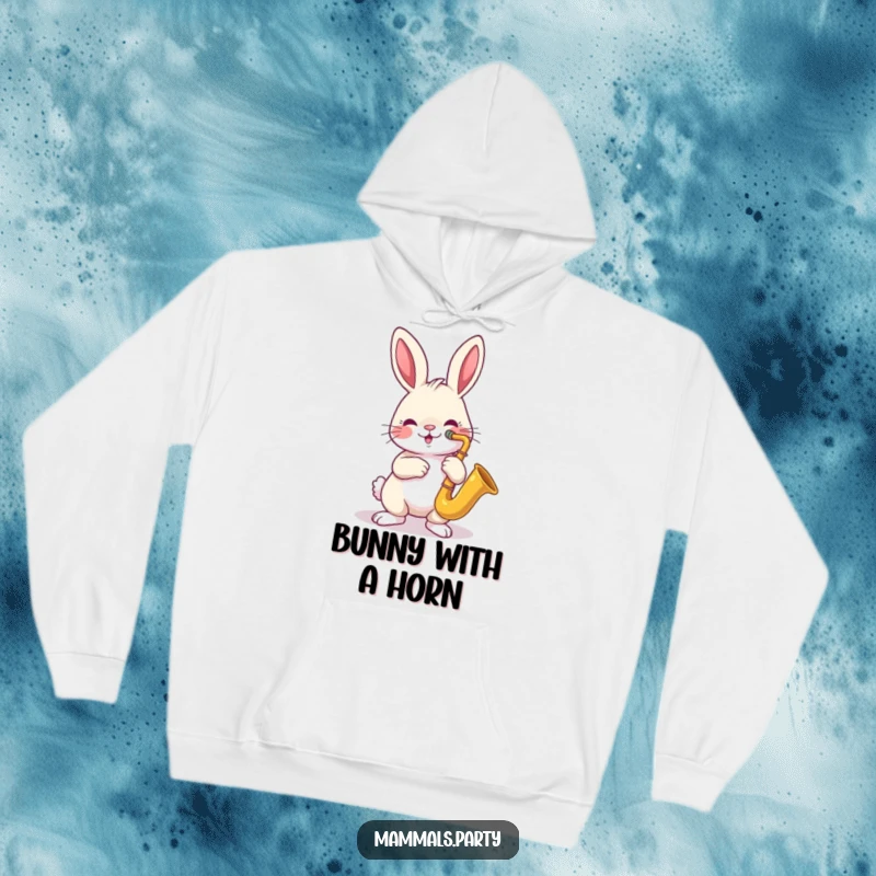 Funny hoodie with a happy rabbit character playing a mini saxophone, radiating a cool and cheerful jazz vibe.