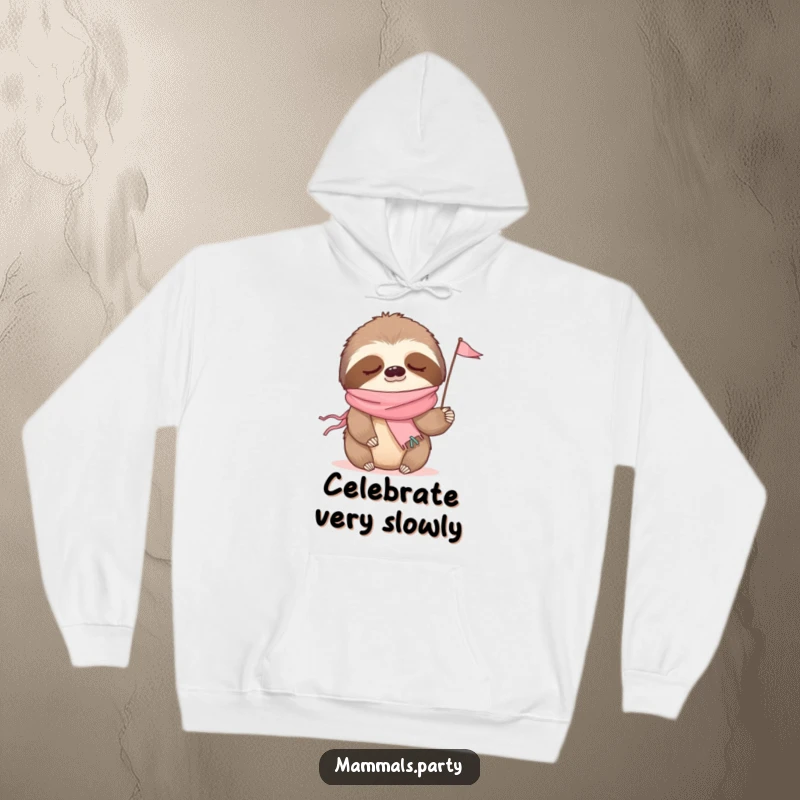 Funny hoodie featuring a drowsy sloth with a festive party streamer scarf, waving a miniature flag.