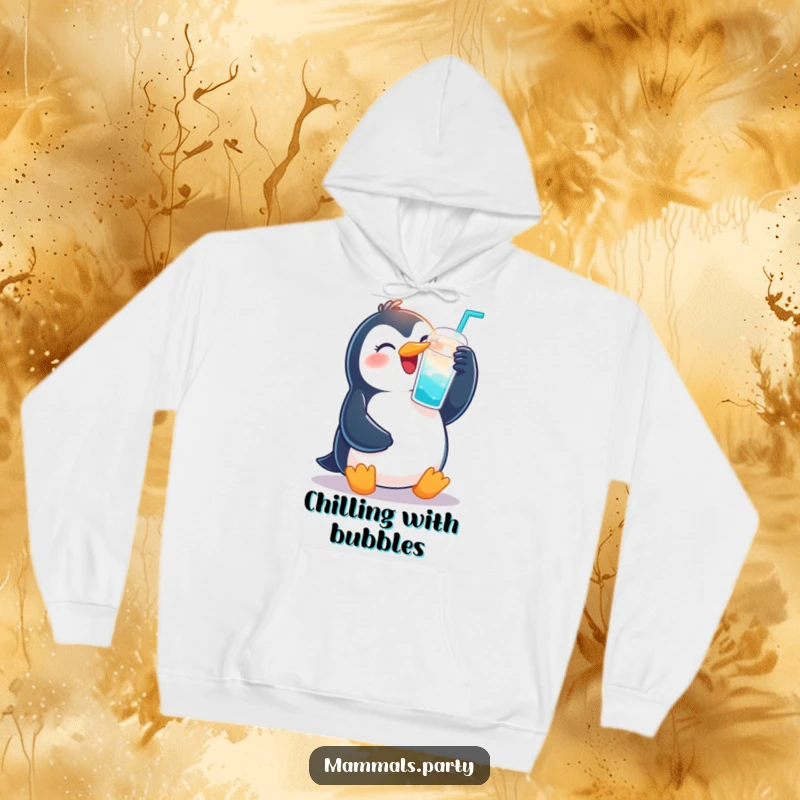 Funny hoodie graphic of a gleeful penguin holding up a fizzy drink cup, ready for a merry occasion.