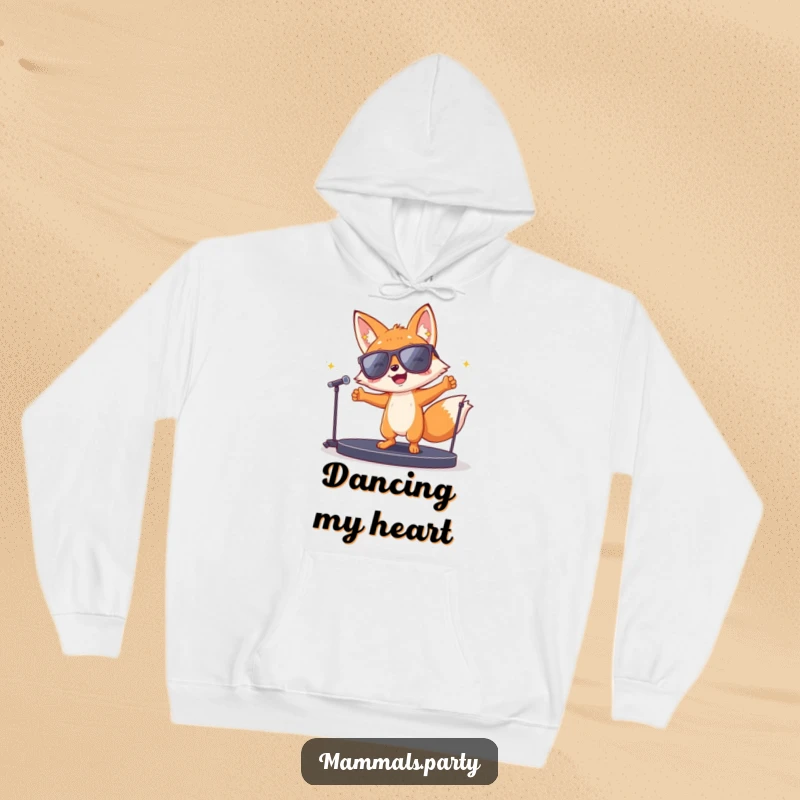 Funny fox in large sunglasses dancing wildly on a miniature stage, depicted on a comfortable hoodie, perfect for cozy and funny vibes.