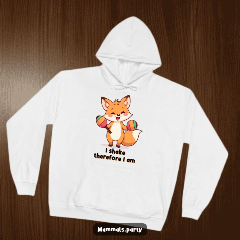 Funny hoodie showcasing a smiling fox character performing a silly dance with oversized maracas, perfect for cozy, humorous wear.