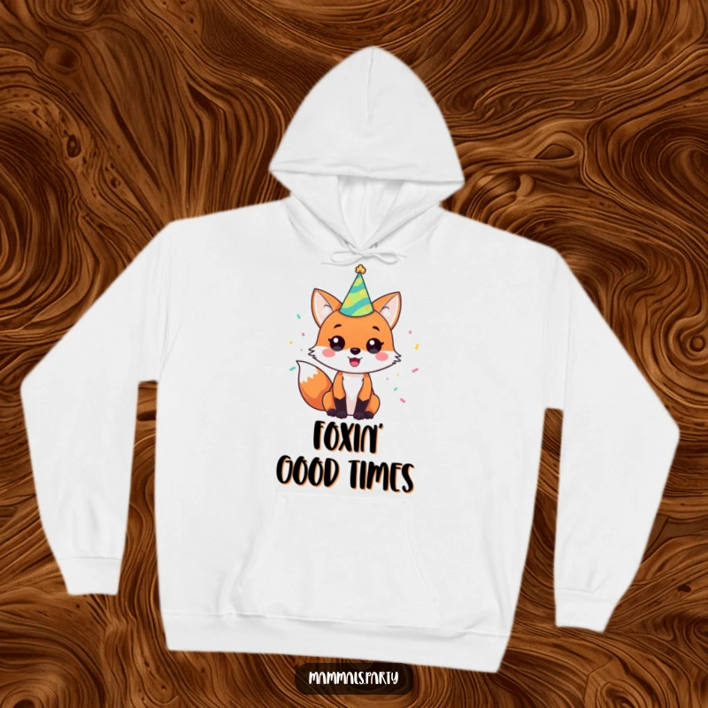 Funny hoodie featuring a cheerful fox character wearing a party hat and surrounded by whimsical confetti, looking ready to party.
