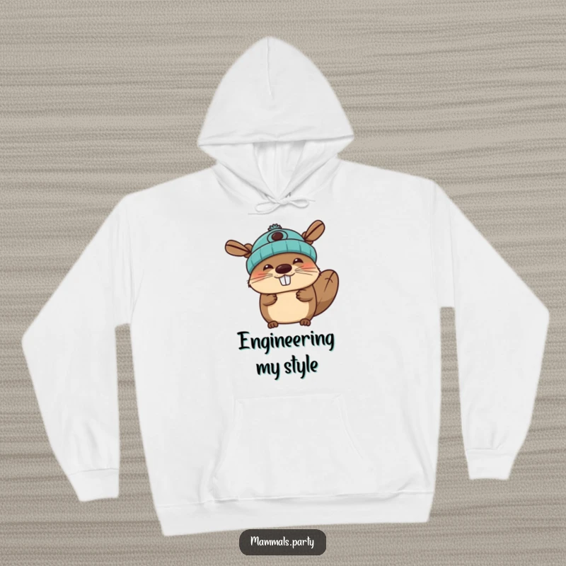 Funny beaver hoodie featuring a joyous character wearing a propeller beanie, perfect for cozy and happy moments.
