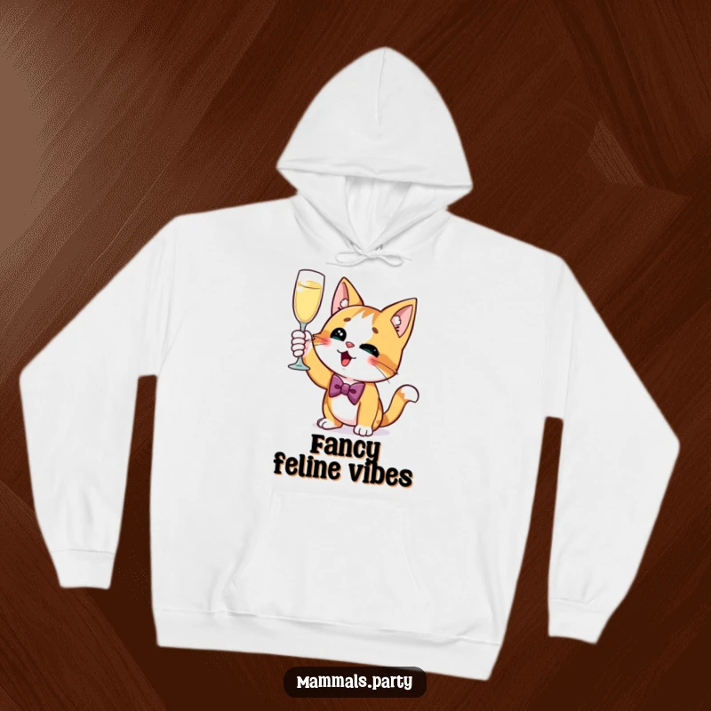 Funny Cat Hoodie showing a curious cat in a stylish bow tie, excitedly raising a champagne glass, bringing warmth and witty charm.