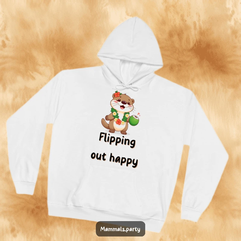 Funny playful otter wearing a lei, juggling coconuts, featured on a cozy hoodie for warm, tropical vibes.