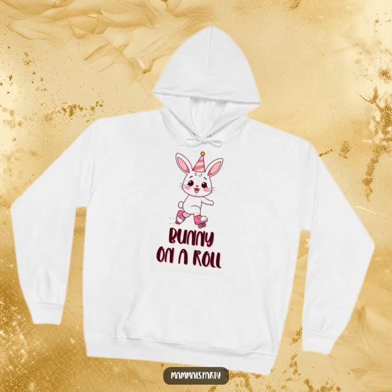 Funny Bunny Hoodie: A joyful bunny in a party hat skates with abandon on roller skates, radiating pure, unadulterated fun.