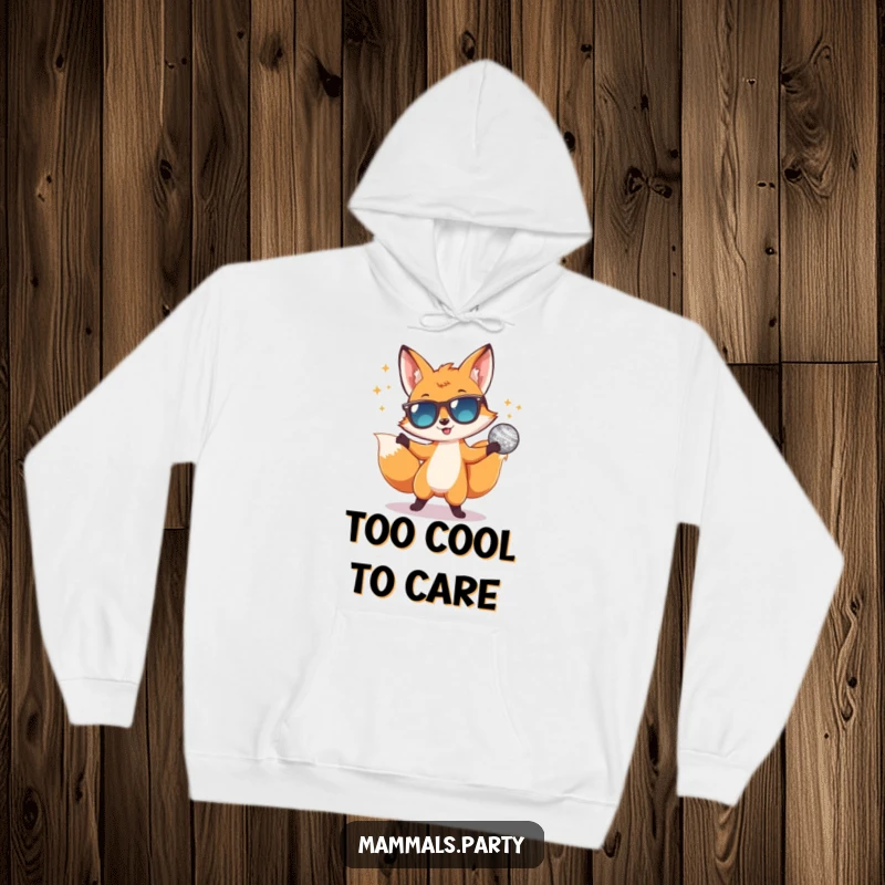 Funny hoodie depicting a joyful fox in shades, dancing under a disco ball, embodying ecstatic celebration and cool party energy.