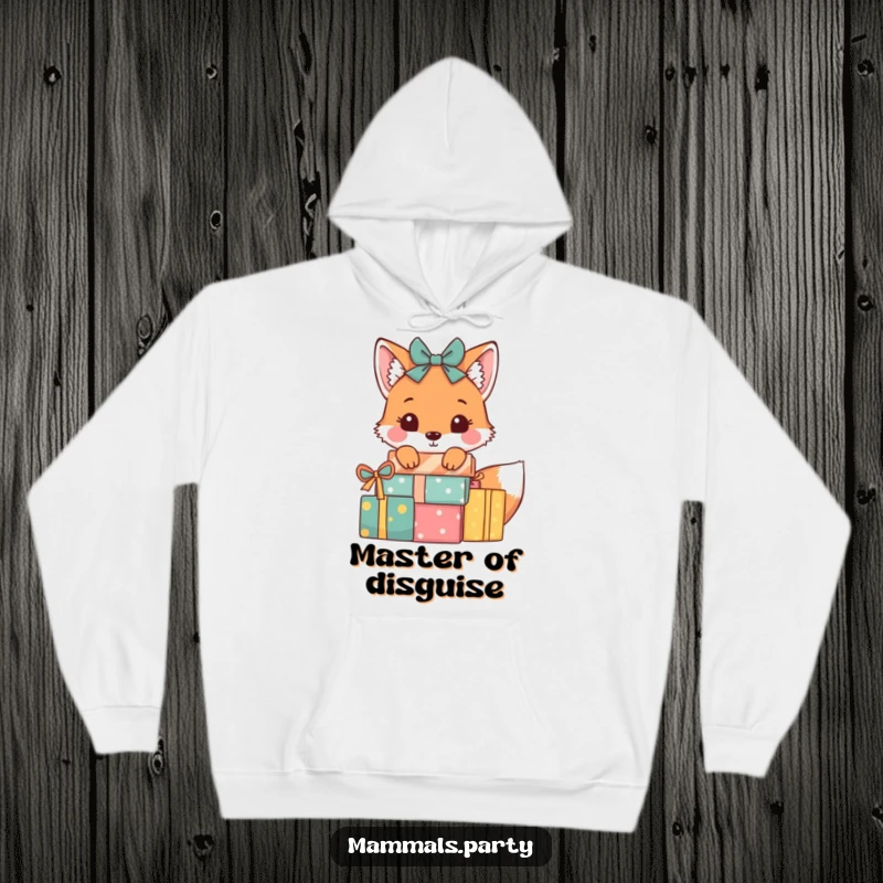 Funny Fox Hoodie: A playful fox peeks from behind wrapped presents, offering cozy comfort and a hint of mischief.