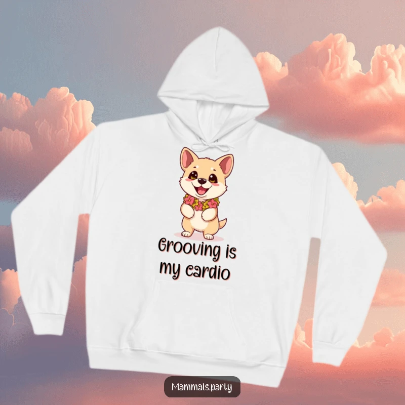 Funny kawaii dog wearing a lei, eyes wide with dance excitement, on a cozy hoodie for humorous warmth.