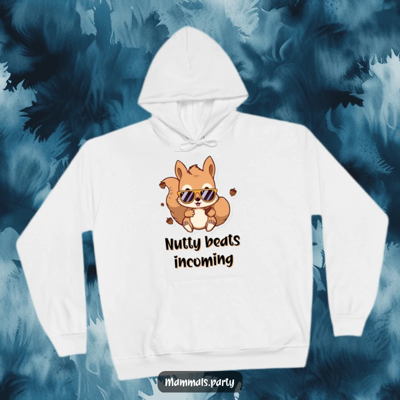 Funny Kawaii Squirrel DJ Hoodie featuring a squirrel rocking sunglasses and headphones, mixing acorns. A warm, humorous, and unique gift idea.