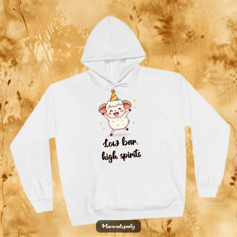 Funny excited sheep in a party hat attempting to limbo, featured on a cozy, humorous hoodie.