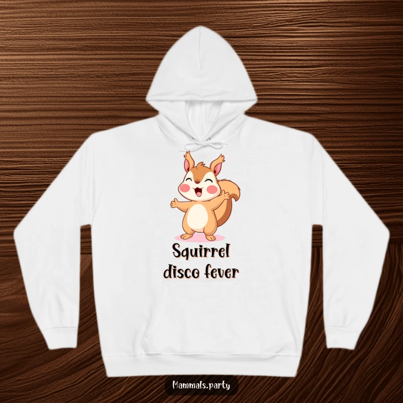 Funny Squirrel Hoodie: A gleeful squirrel dances energetically under dazzling disco lights, radiating pure fun and a passion for rhythm.