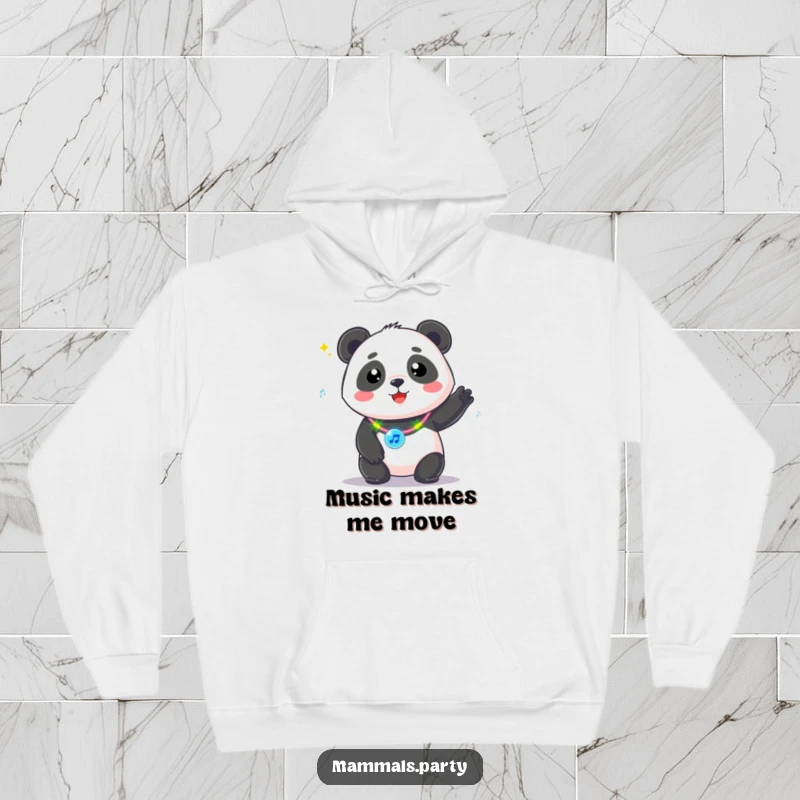 Funny Kawaii Panda with a flashing necklace, dancing to unseen music, a comfortable hoodie for warm, fun-filled nights.