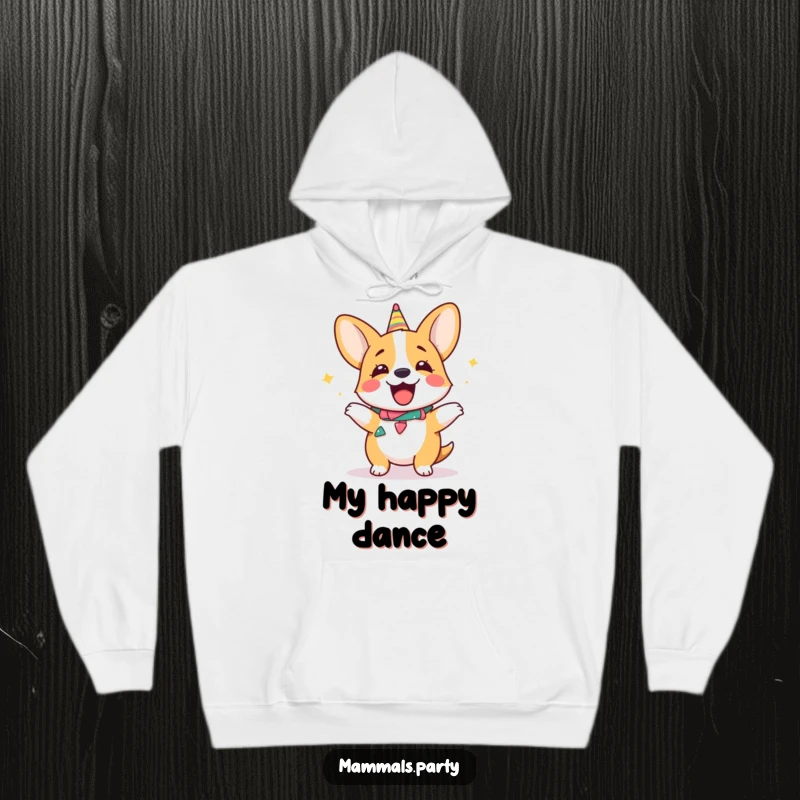 Funny giggling corgi hoodie, dressed in a party collar, showcasing a hilarious silly dance, perfect for cozy celebrations.