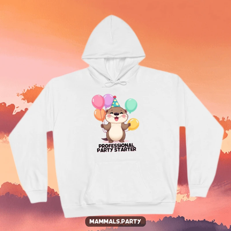 Funny Otter Hoodie: Comfort meets celebration with a fluffy otter in a party hat juggling balloons with a huge smile.