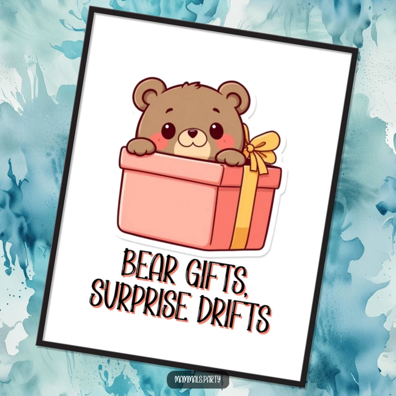 Funny Free Printable Wall Art of a curious bear character peeking out from behind an enormous gift box.