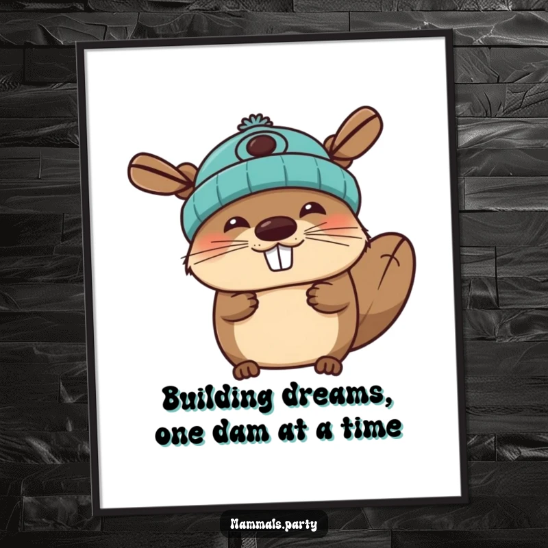 Funny free printable wall art of a joyous beaver character happily wearing a propeller beanie, a whimsical and cheerful digital artwork.