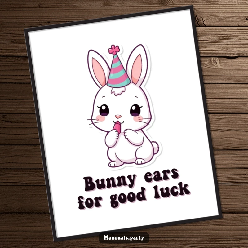 Funny Free Printable Wall Art: A kawaii bunny in a miniature party hat comically tries to blow a party noisemaker, full of festive spirit.